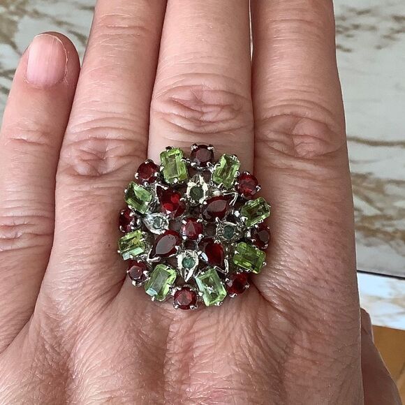 𝅺STERLING SILVER GARNET/PERIDOT/EMERALD RING SIZE US 8.5​​ - Picture 9 of 10